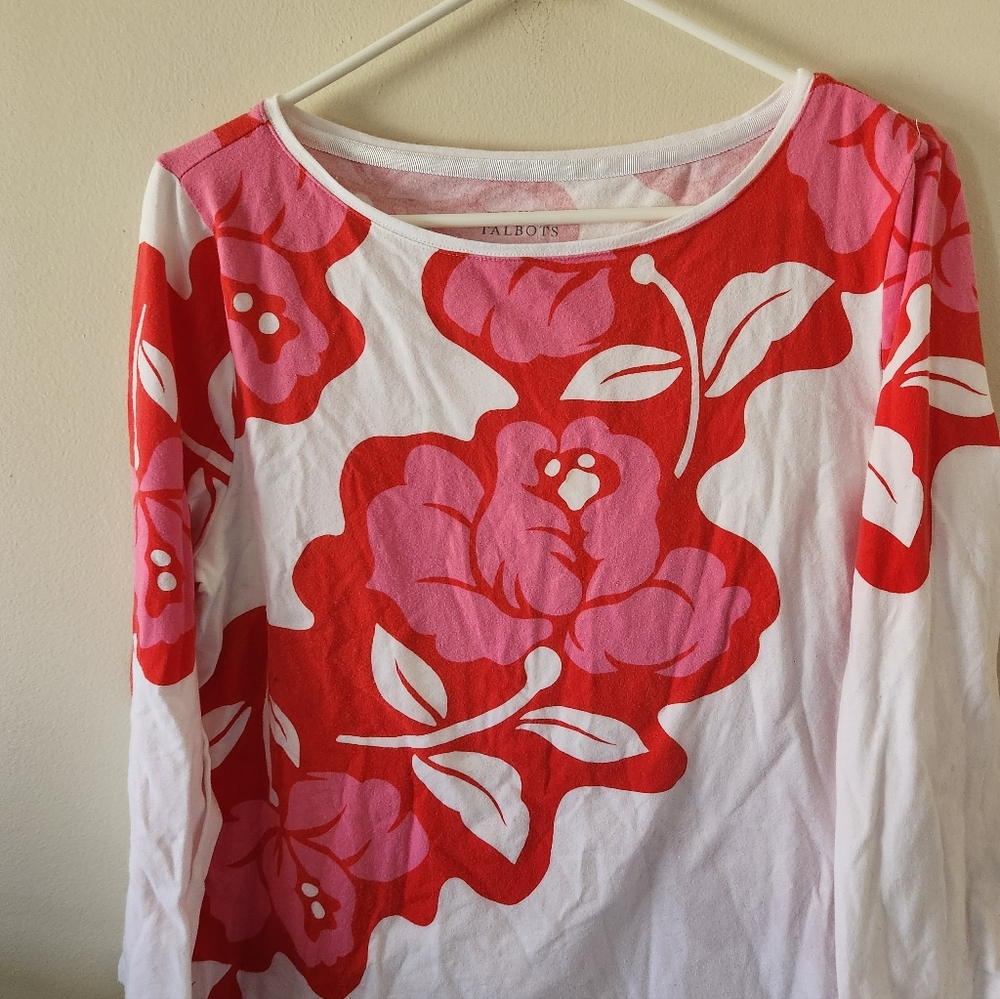 Talbots Pink And White Hawaiian 3/4 Sleeve Top - Picture 3 of 5